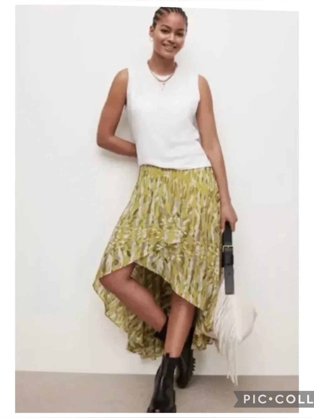 AllSaints Slvina Oniyuri Yellow Multi Camo Print Asymmetric Maxi Skirt Size 8